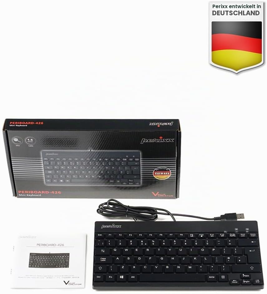 perixx PERIBOARD-426 Mini-Tastatur mit USB-Kabel, Französisch AZERTY, Schwarz, Schwarz