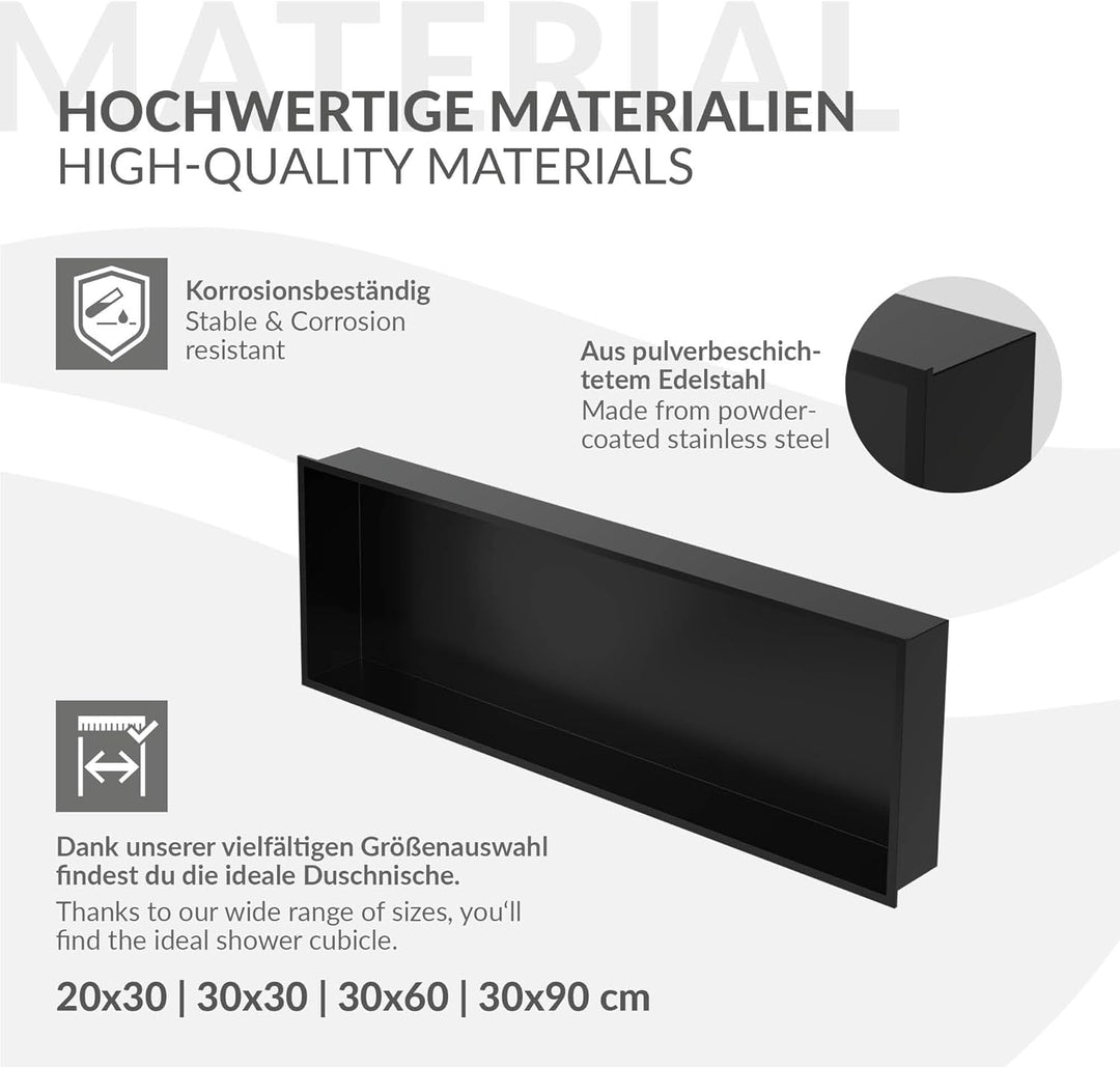 LuxeBath Wandnische aus Edelstahl, 90x30x10 cm, Schwarz, Duschnische mit Rahmen, Einbauregal, Flexib