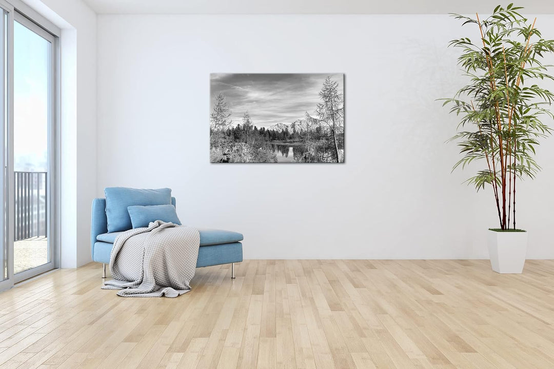 Herbstliche Berglandschaft der Dolomiten Format: 80x60 als Leinwand, Effekt: Schwarz&Weiss, Motiv fe