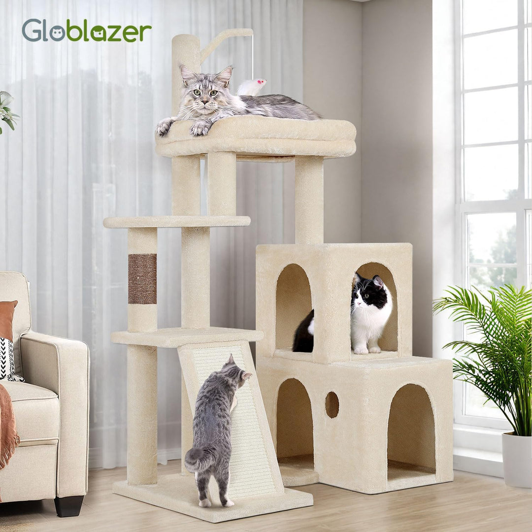 Globlazer Kratzbaum Beige Stabil mit 2 Gross Basis, 2 Katzenhaus 90° Drehbares, Gepolsterte Plattfor