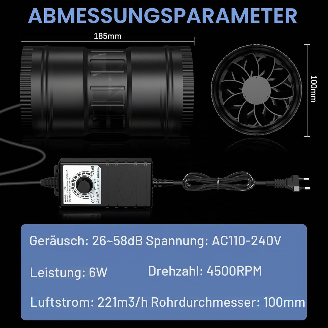 Regelbar Rohrventilator 100mm, Rohrlüfter 221m³/h, Abluftventilator für Wintergarten Growzelte Kelle