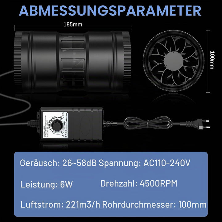 Regelbar Rohrventilator 100mm, Rohrlüfter 221m³/h, Abluftventilator für Wintergarten Growzelte Kelle