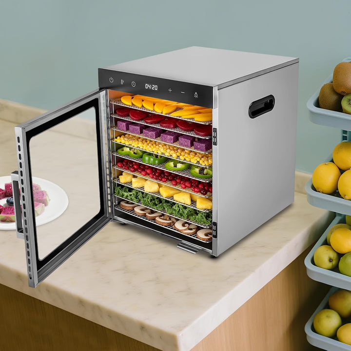 Dörrautomat Edelstahl 800W, Dörrgerät Temperatur einstellbar 30-90℃, LED-Display, 24 Std