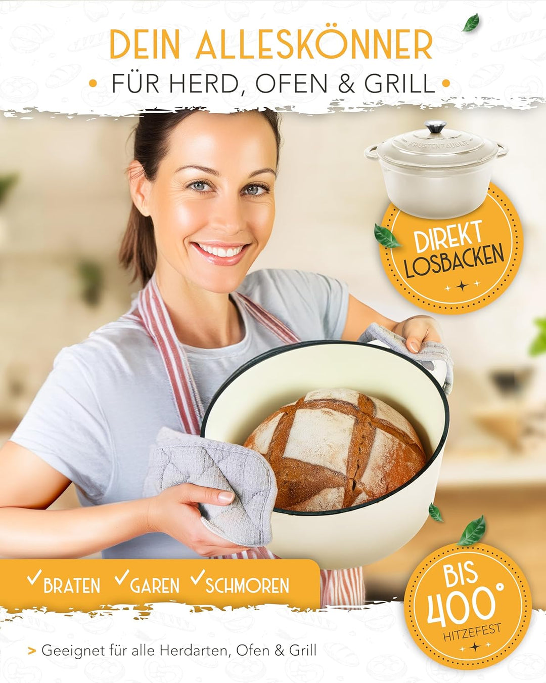 Gusseisen Topf Brot Backen emailliert im XXL Set - Brotbackform mit Deckel inkl Gärkorb, Schneebesen