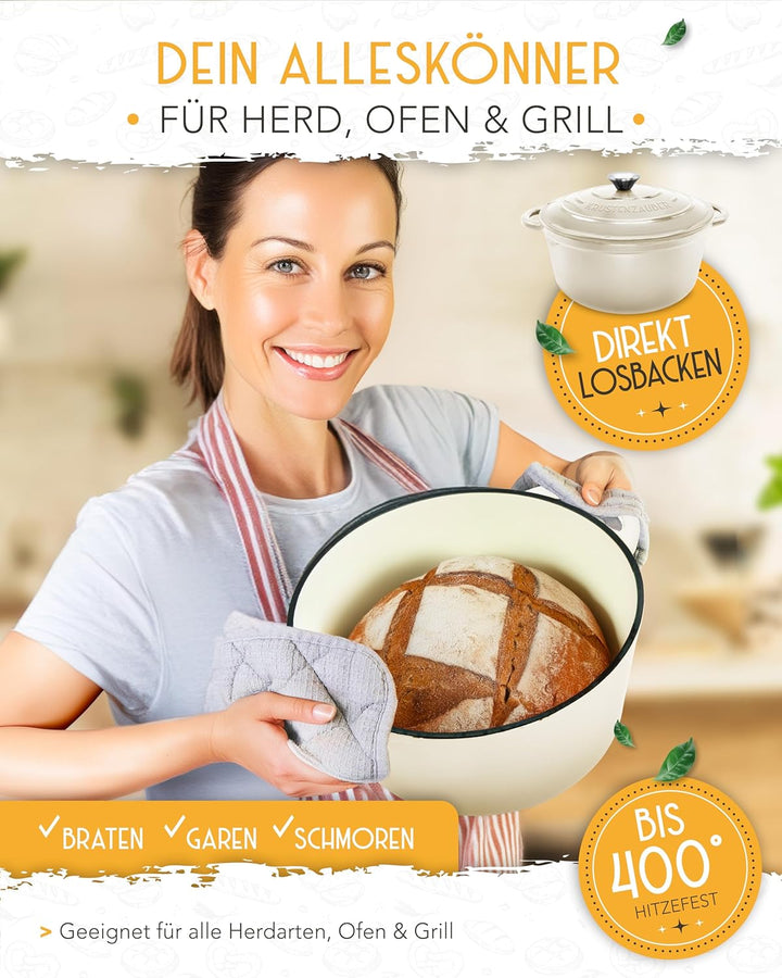 Gusseisen Topf Brot Backen emailliert im XXL Set - Brotbackform mit Deckel inkl Gärkorb, Schneebesen