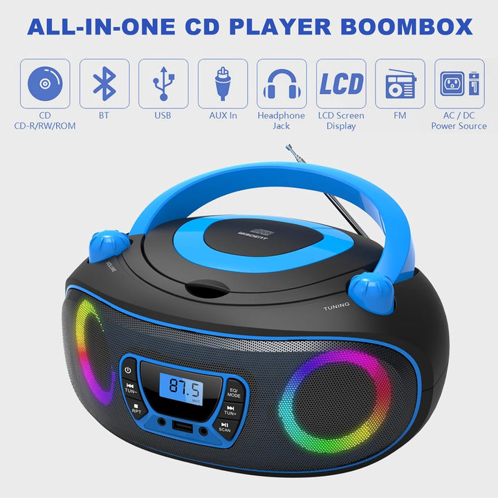 Tragbarer Stereo-CD-Player Boombox mit UKW-Radio, Bluetooth, CD-R/CD-RW/MP3/WMA-Wiedergabe, USB-Ansc