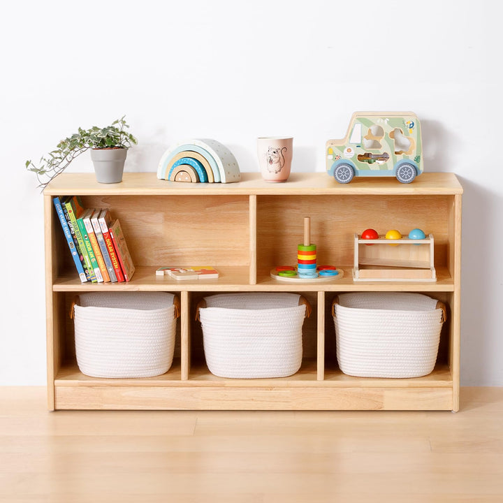 OOOK Gummiholz Kinderregal Spielzeugschrank, Bücherregal mit 2 grossen Fächern und 3 kleinen Fächern