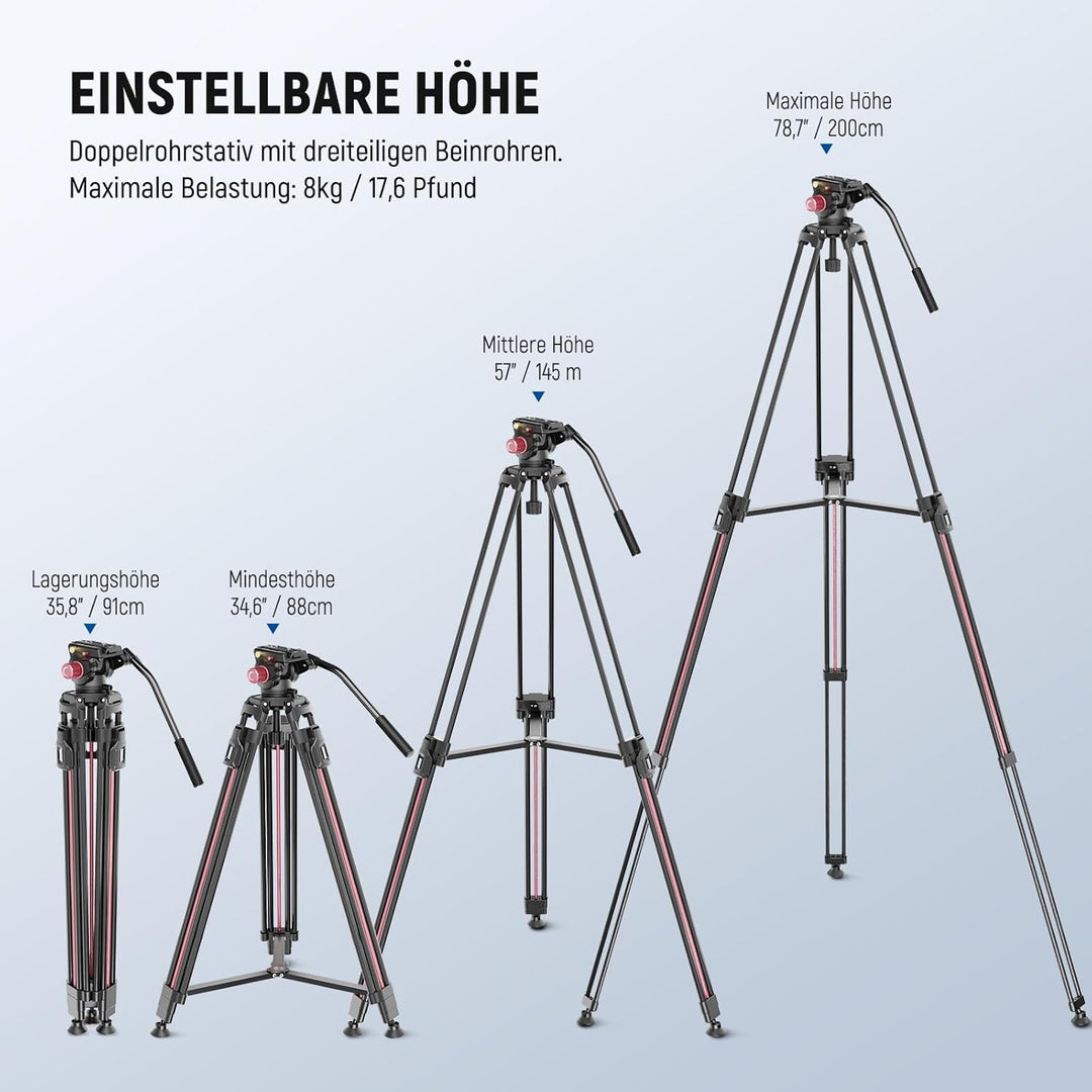 NEEWER LL38 79"/2m Video Kamerastativ mit Fluidkopf und Reinigungstuch, Robustes Metallstativ mit EI