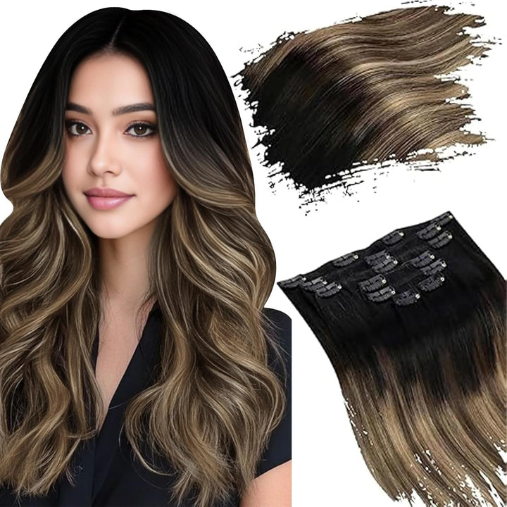 Ugeat Clip in Extensions Echtes Haar Haarverlängerungen 35cm 120g Clip in Schwarz bis Braun und Kara