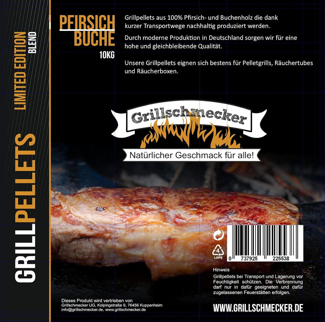 Grillpellets - Holzpellets 10kg aus Pfirsich und Buchenholz Beutel für Grill, Pelletofen & Smoker