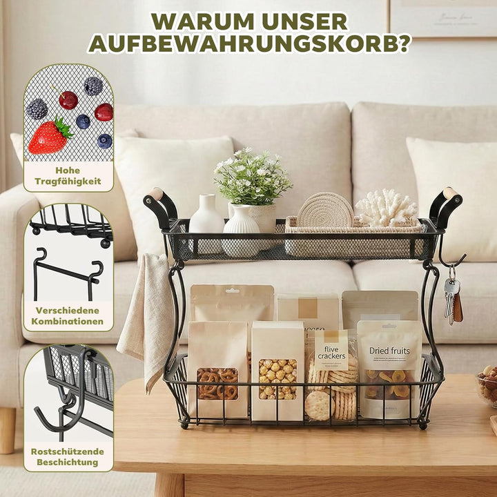Obstkorb 2-stöckig mit 2 Bananen-Aufhängern, Metall-Draht für Küchenarbeitsplatte, Gemüseaufbewahrun