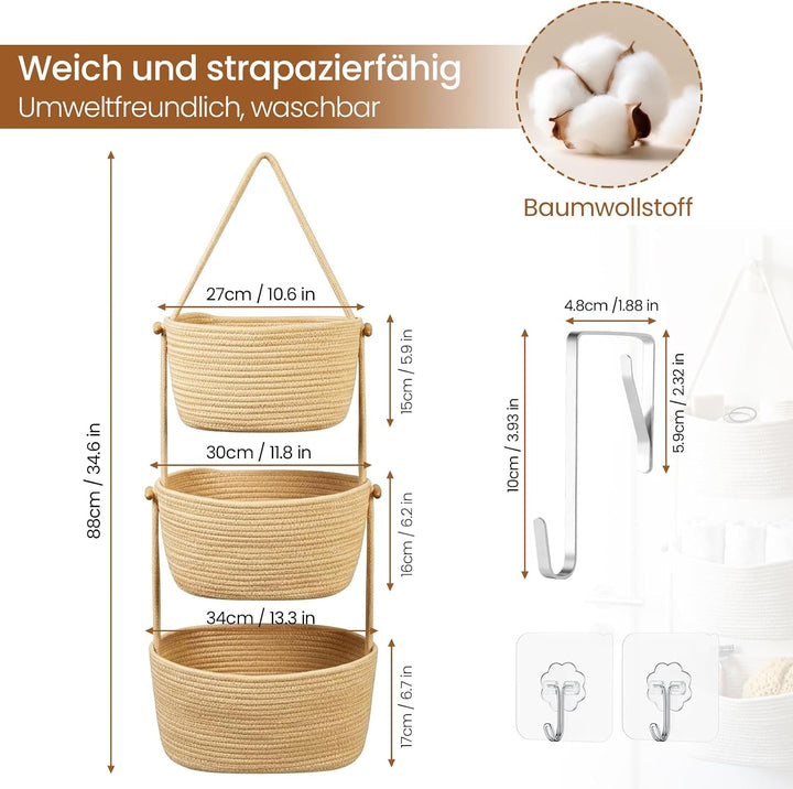 Abnehmbarer Hängeorganizer aus Baumwollseil, 3-stufiger Hängekorb für Tür &amp; Wand, Senfgelber Wandkor