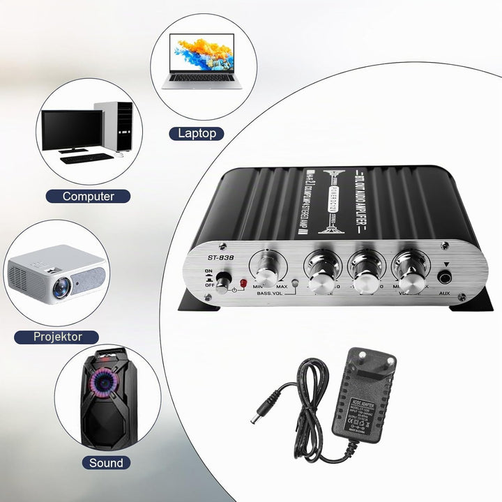 HiFi Audio Verstärker, RMS 20Wx2+40W ST-838 Mini Hifi Verstärker mit Subwoofer Ausgang KlasseD, Ster