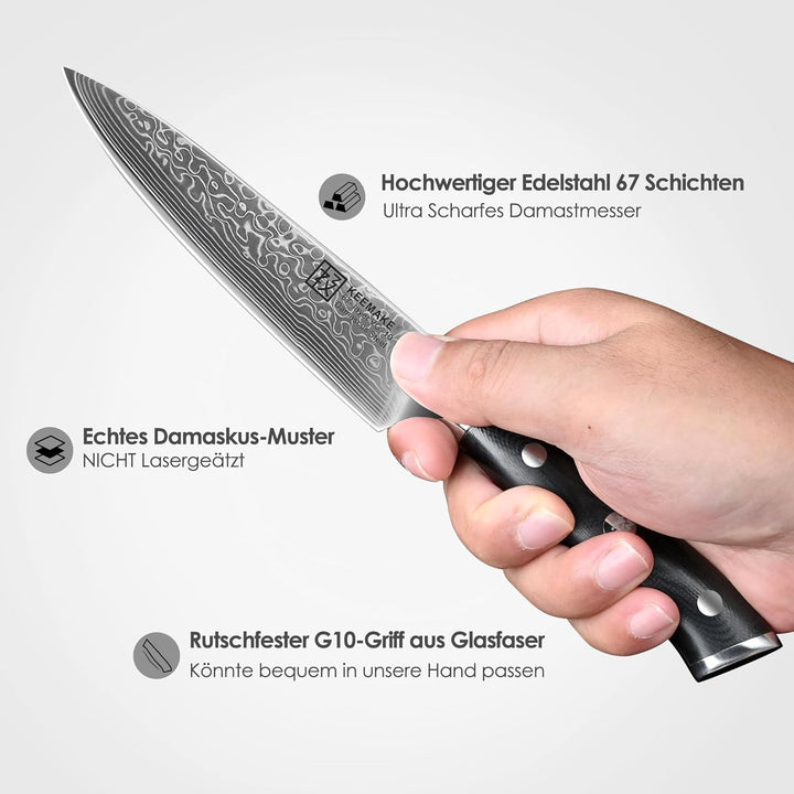 KEEMAKE Damastmesser Allzweckmesser scharfe 12,7 cm Klinge aus 67 Lagen Damaststahl, Profi Küchenmes