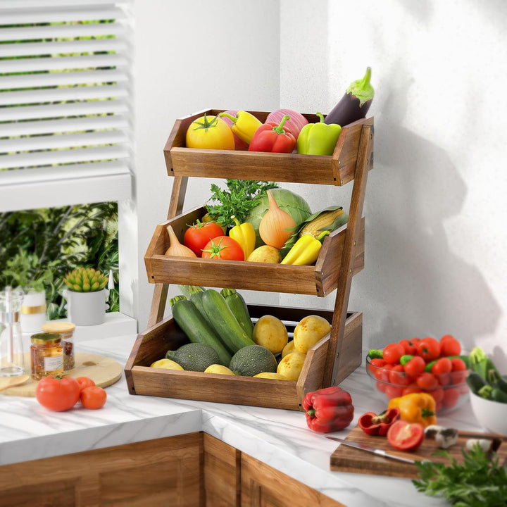 Obstkorb aus Akazienholz für Küchenarbeitsplatte–3 Etagen Abnehmbarer Obstständer Obstschalenhalter