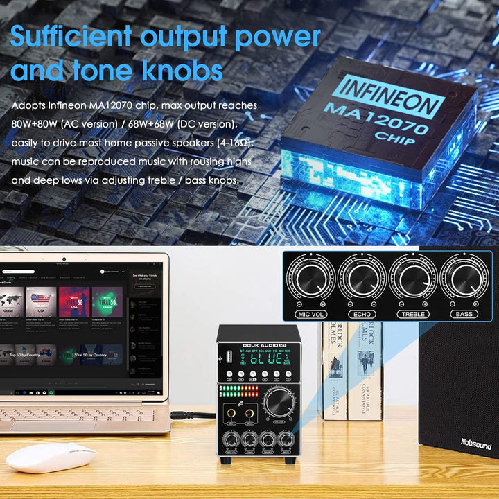 HiFi Dual MIC Digital Verstärker Bluetooth Empfänger USB Player S/PDIF Audio Power Amplifier Karaoke