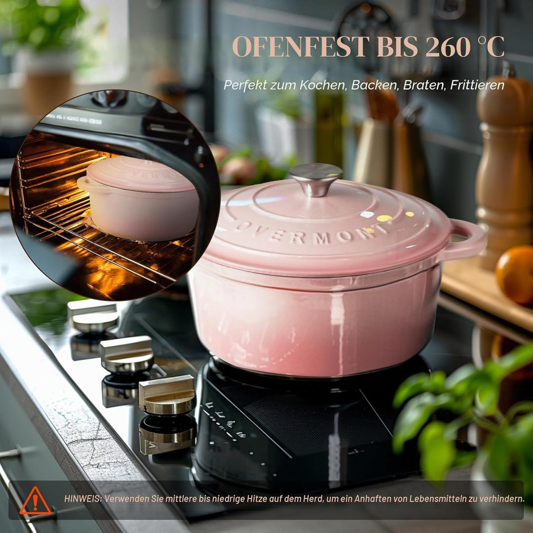 Overmont Bräter emaille Gusseisen Topf - Schmortopf 24cm backofengeeignet - mit Deckel und Kochbuch