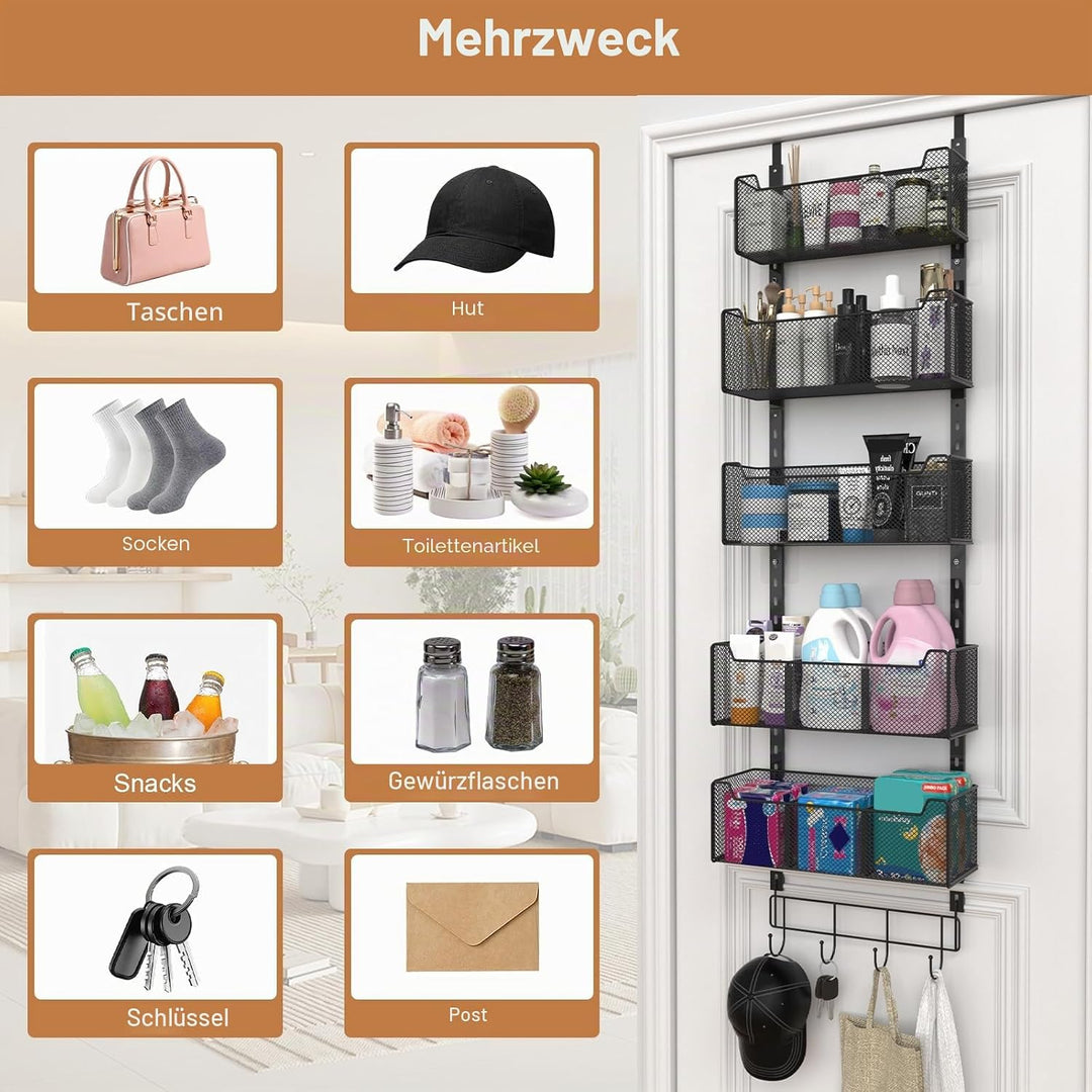 Über-der-Tür-Organizer, 5-stufig, 4 verstellbare Körbe und 8 Haken, freistehender Hänge-Organizer fü