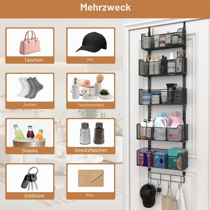 Über-der-Tür-Organizer, 5-stufig, 4 verstellbare Körbe und 8 Haken, freistehender Hänge-Organizer fü