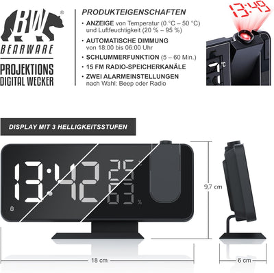 CSL - Wecker Digital Radiowecker mit 3 Stufen Bildschirmhelligkeit, Projektionswecker mit Temperatur