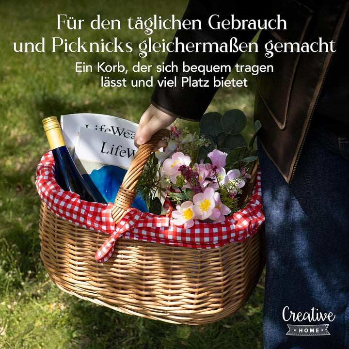 Creative Home Grosser Picknickkorb mit rot karierter Stoffeinlage | Weidenkorb mit Henkel | Einkaufs