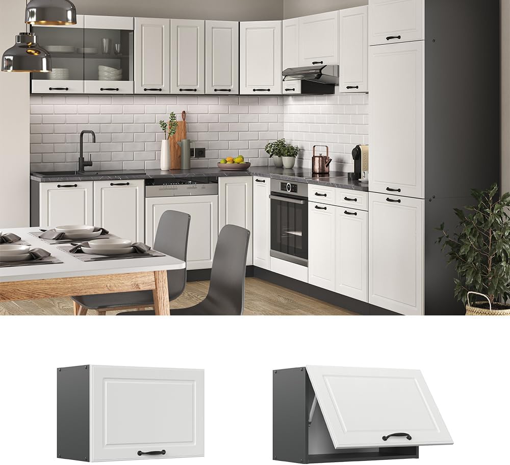 Vicco Hängeschrank R-Line, hängender Küchenschrank, Weiss Landhaus/Anthrazit, 60 cm Flach Weiss Land