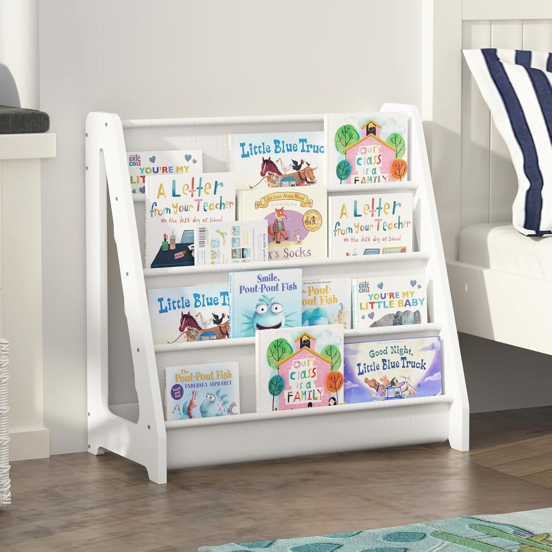 KEEPREAPER Bücherregal Kinder, Kinderregal mit 4 Stofffächern Kinderzimmer Regal 4 Ebenen Bücher-Org