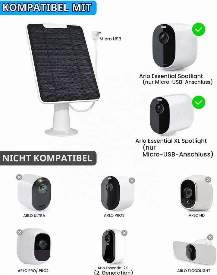 Solarpanel kompatibel mit Arlo Essential Spotlight/XL-Strahler-Kamera, 5W Solarpanel-Ladegerät, IP65