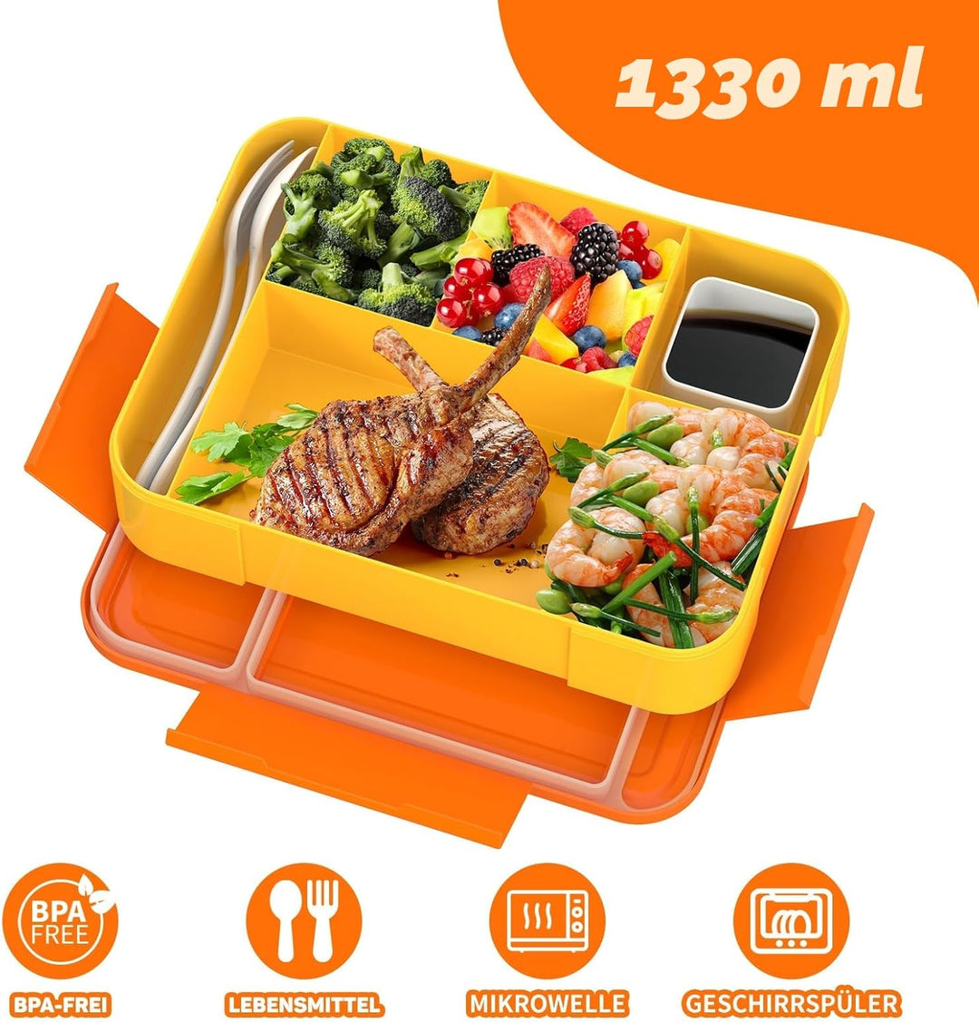 Brotdose Kinder mit Fächern - 1330 ml Fassungsvermögen, auslaufsichere Bento-Box für Kinder, mit 5 F