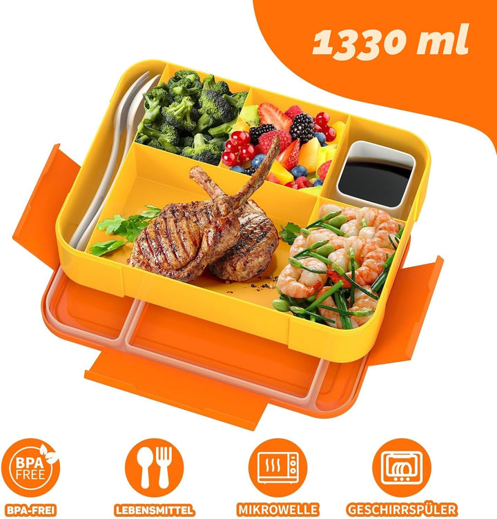 Brotdose Kinder mit Fächern - 1330 ml Fassungsvermögen, auslaufsichere Bento-Box für Kinder, mit 5 F