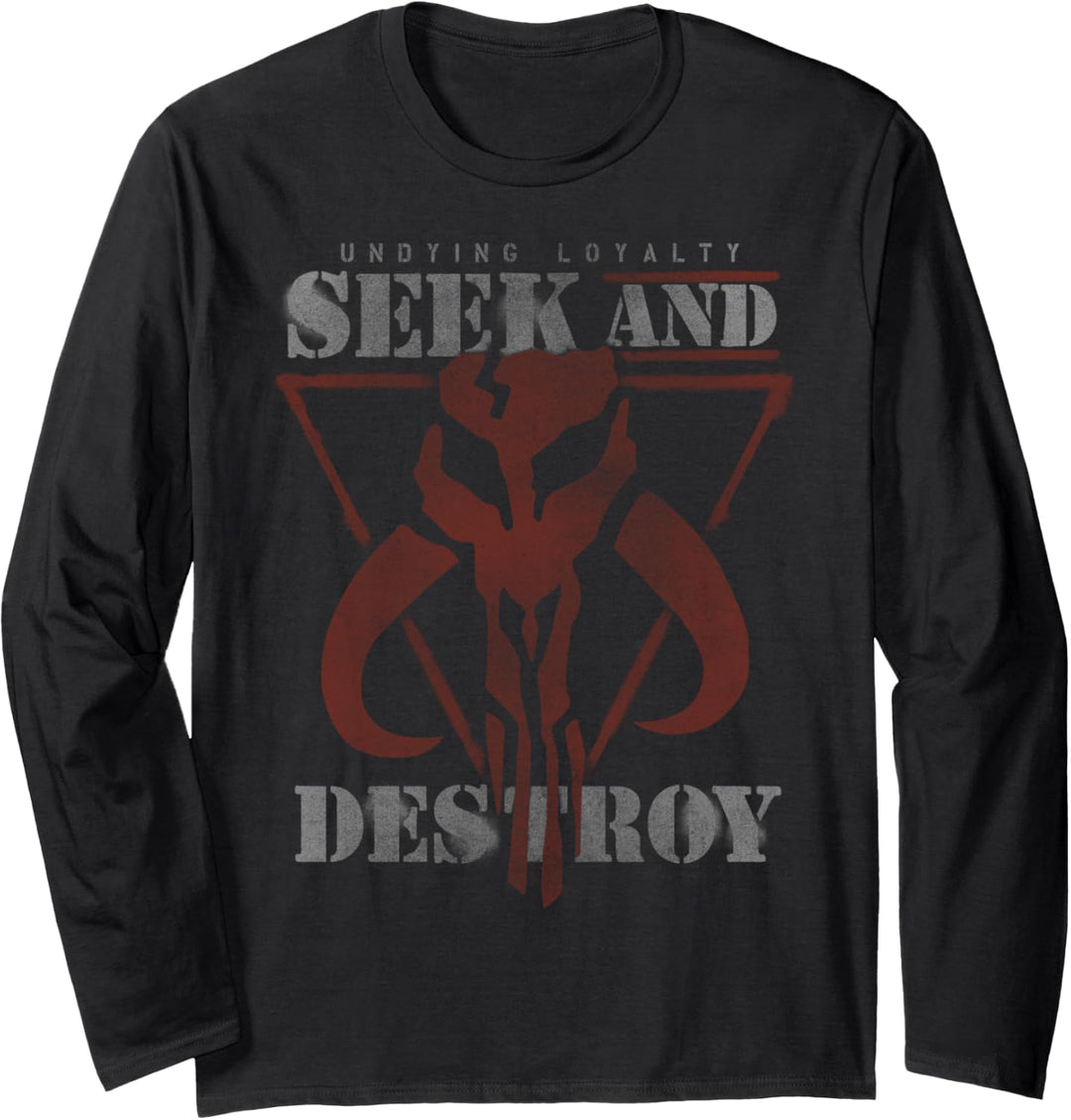 Star Wars Mandalorian Skull Seek And Destroy Text Langarmshirt