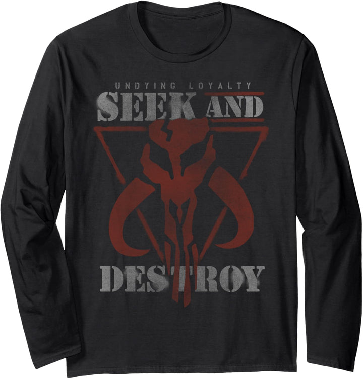 Star Wars Mandalorian Skull Seek And Destroy Text Langarmshirt
