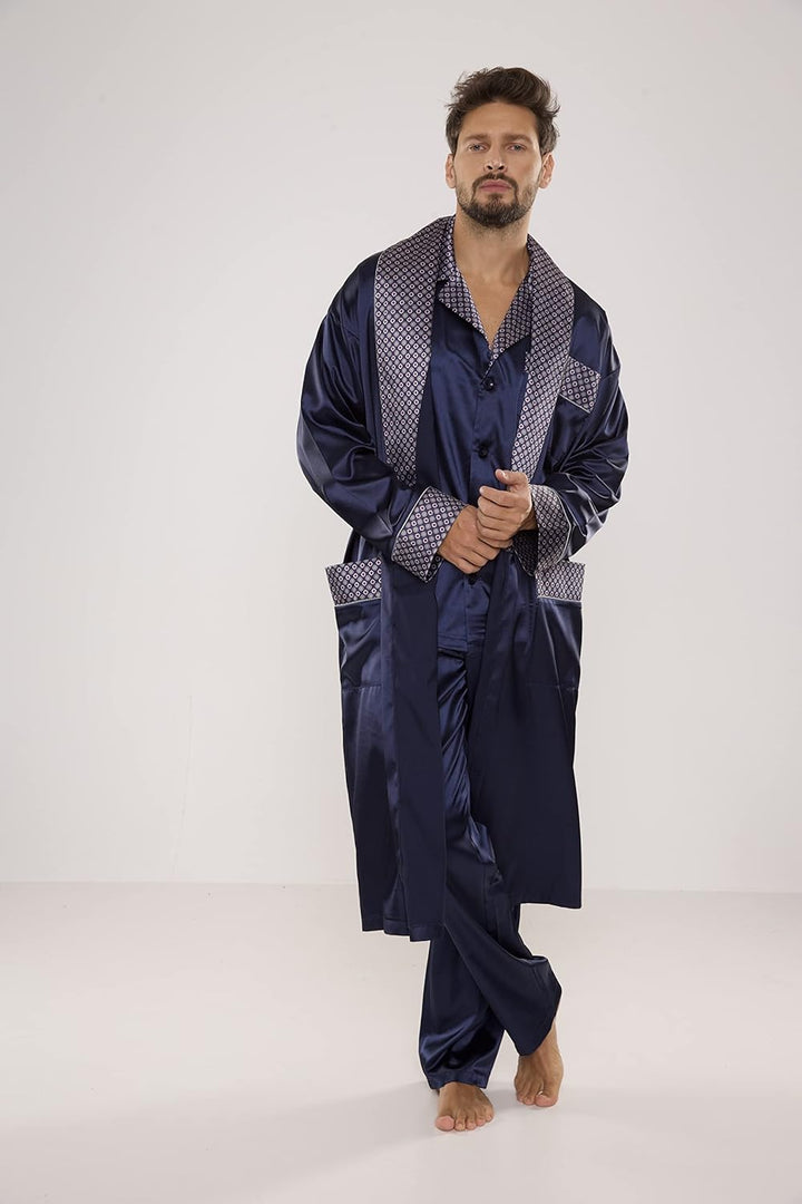 FOREX Lingerie edler und hochwertiger Satin-Bademantel Herren-Mantel im tollen Design 4XL Marine, 4X