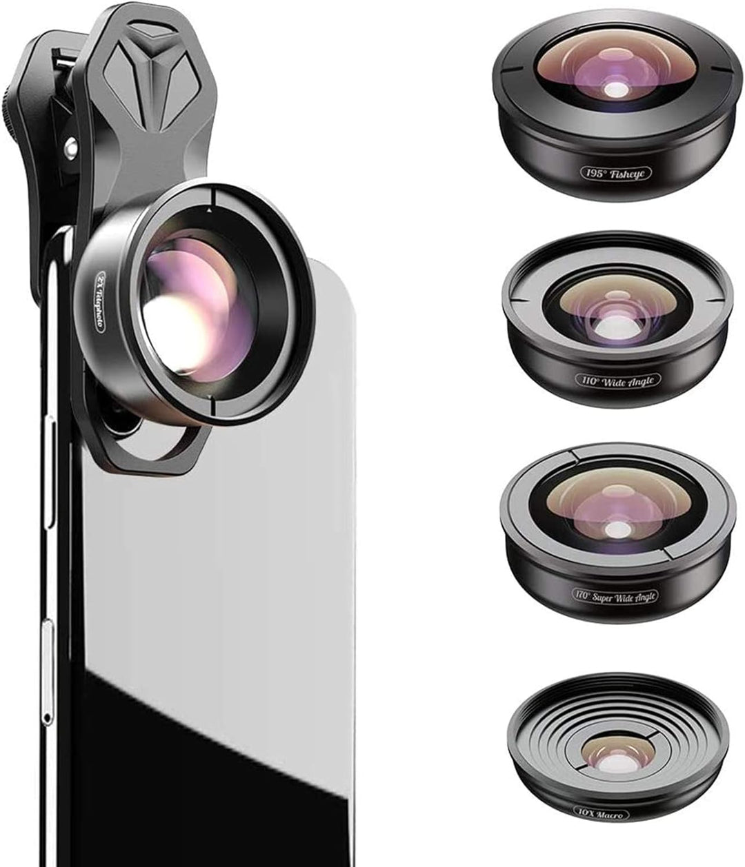 Apexel 5-in-1 Handy-Kamera-Objektiv-Set: 2 x Teleobjektiv + 195 Fischaugen + 110 Grad Weitwinkel + 1