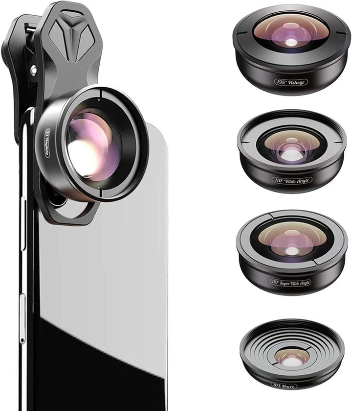 Apexel 5-in-1 Handy-Kamera-Objektiv-Set: 2 x Teleobjektiv + 195 Fischaugen + 110 Grad Weitwinkel + 1