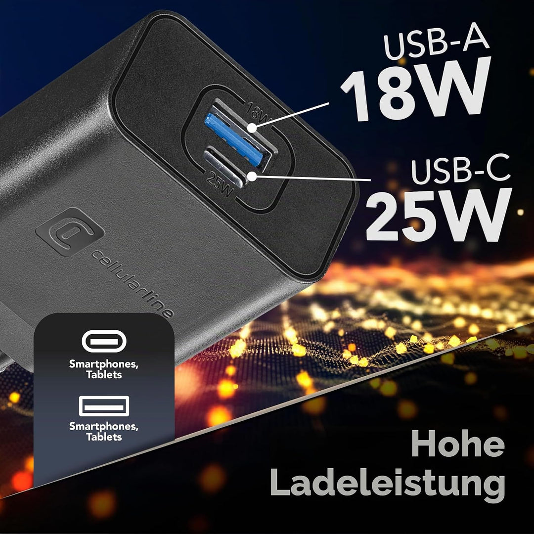 Cellularline | Netzwerk-Ladegerät | USB- und USB-C-Ladegerät mit 2 Anschlüssen und 25-W-Super-Fast-C