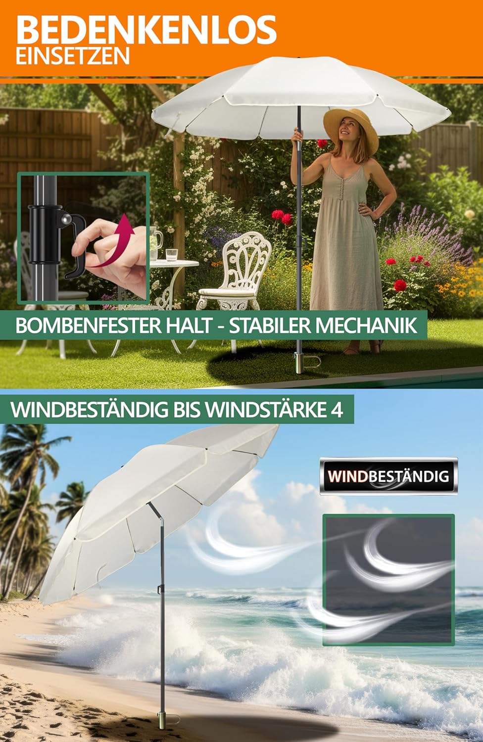 4smile SunnyJoy Sonnenschirm Strand 180 cm, Strandschirm windfest stabil in Beige, inkl. Rasendorn S
