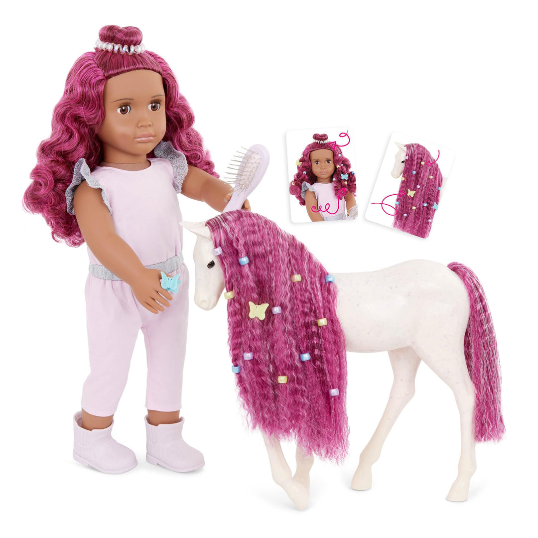 Our Generation - Estra & Delta - 46 cm-Puppe & Pferdefohlen-Set - Passend zu Fuchsia Haar - Zubehör
