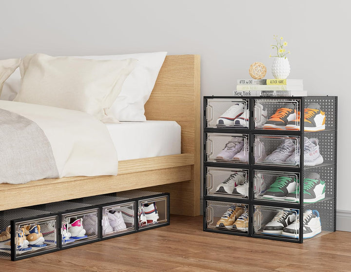 HOMIDEC Schuhboxen, 12er Set Schuhboxen Stapelbar Transparent, Faltbar Schuhorganizer Schuhaufbewahr