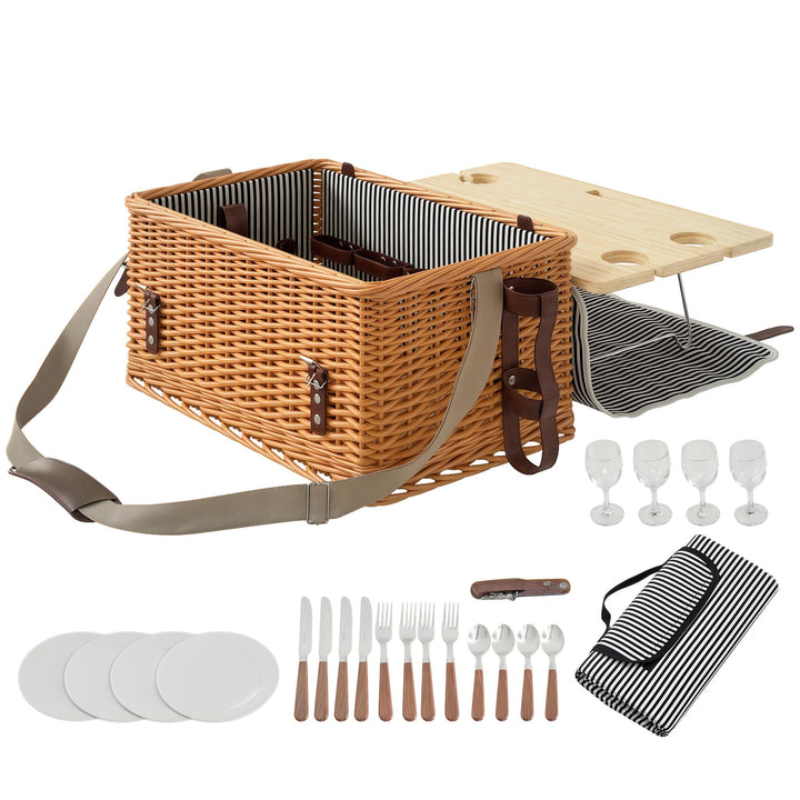 Outsunny Picknickkorb aus Weidenholz Picknickkoffer für 4 Personen mit Picknickdecke Besteck Set, Fl