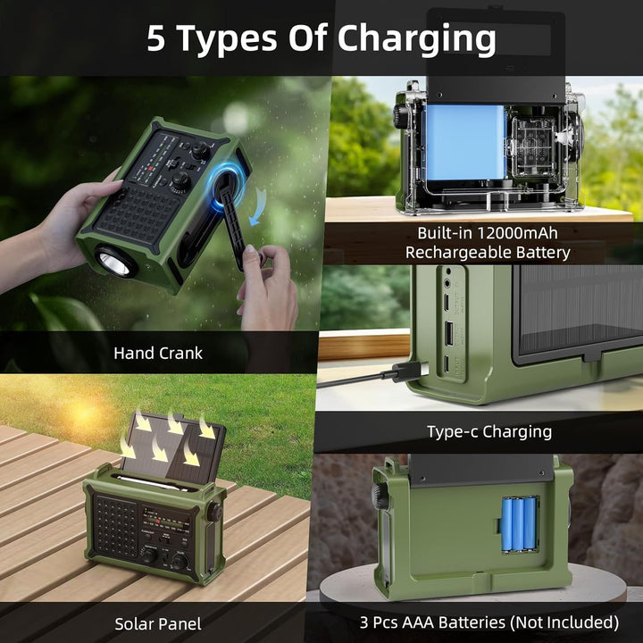 Mesqool Kurbelradio, Solar Notfallradio mit AM/FM Empfang, 12000mAh Wiederaufladbare Powerbank, IPX6