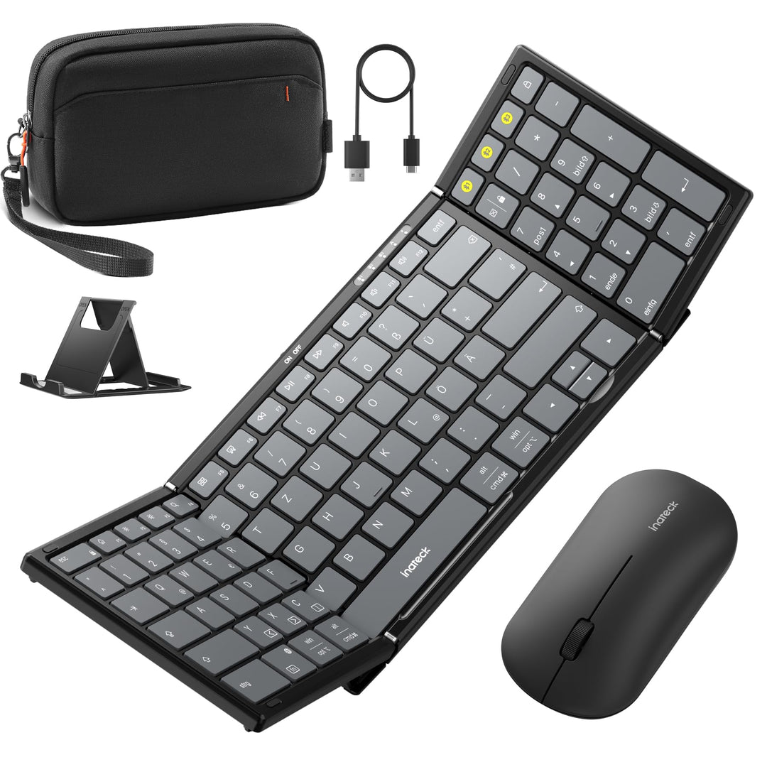 Inateck Faltbare Bluetooth 5.3 tragbare Tastatur und Tri-Mode-Maus-Set mit Numpad, verstellbarem Stä
