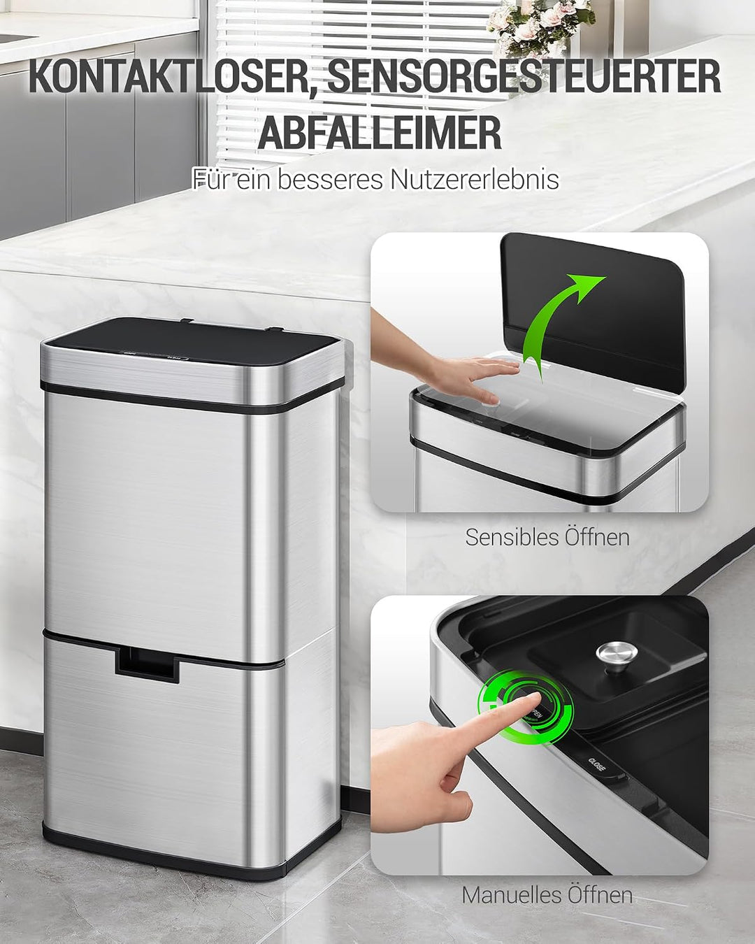Hzuaneri Sensor Küchen Mülleimer 72 L, Automatischer Abfalleimer mit 3+1 Fächer, Mülltrennsystem, Mü