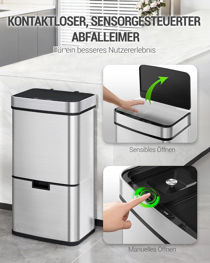 Hzuaneri Sensor Küchen Mülleimer 72 L, Automatischer Abfalleimer mit 3+1 Fächer, Mülltrennsystem, Mü