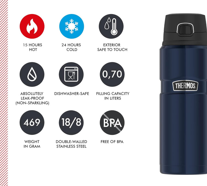 Thermos Stainless King Bottle 0,70l, Midnight Blue, Thermosflasche aus Edelstahl, Safe Flow Lid, spü