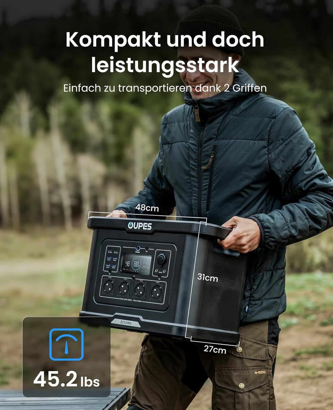 OUPES Exodus 2400 Tragbare Powerstation 2400W, 2232Wh Solargenerator mit 4 Steckdose (Boost 2600W, 4