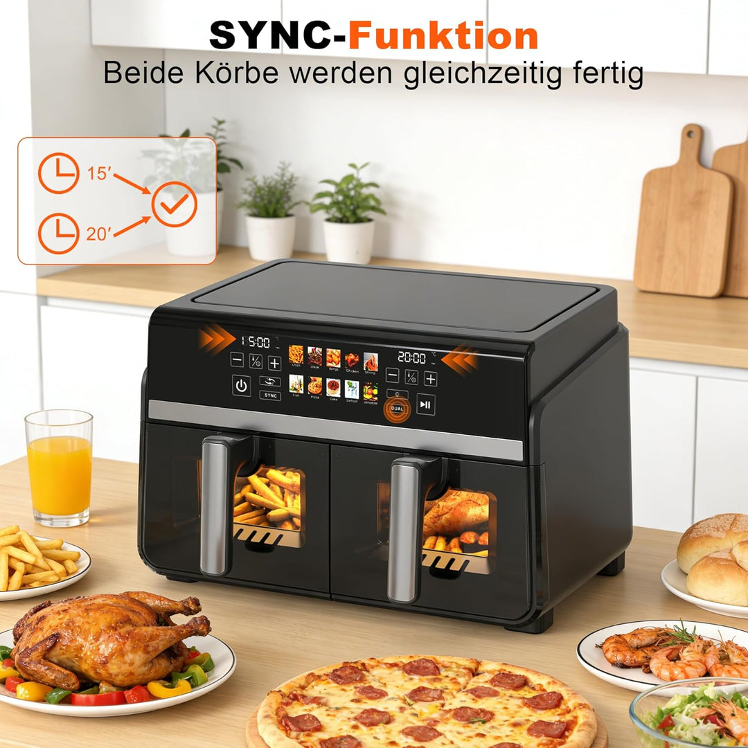 Citybee Heissluftfritteuse 2 Kammern XXL 10L (5L+5L) mit Sichtfenster, Dual Zone Airfryer Doppelkamm