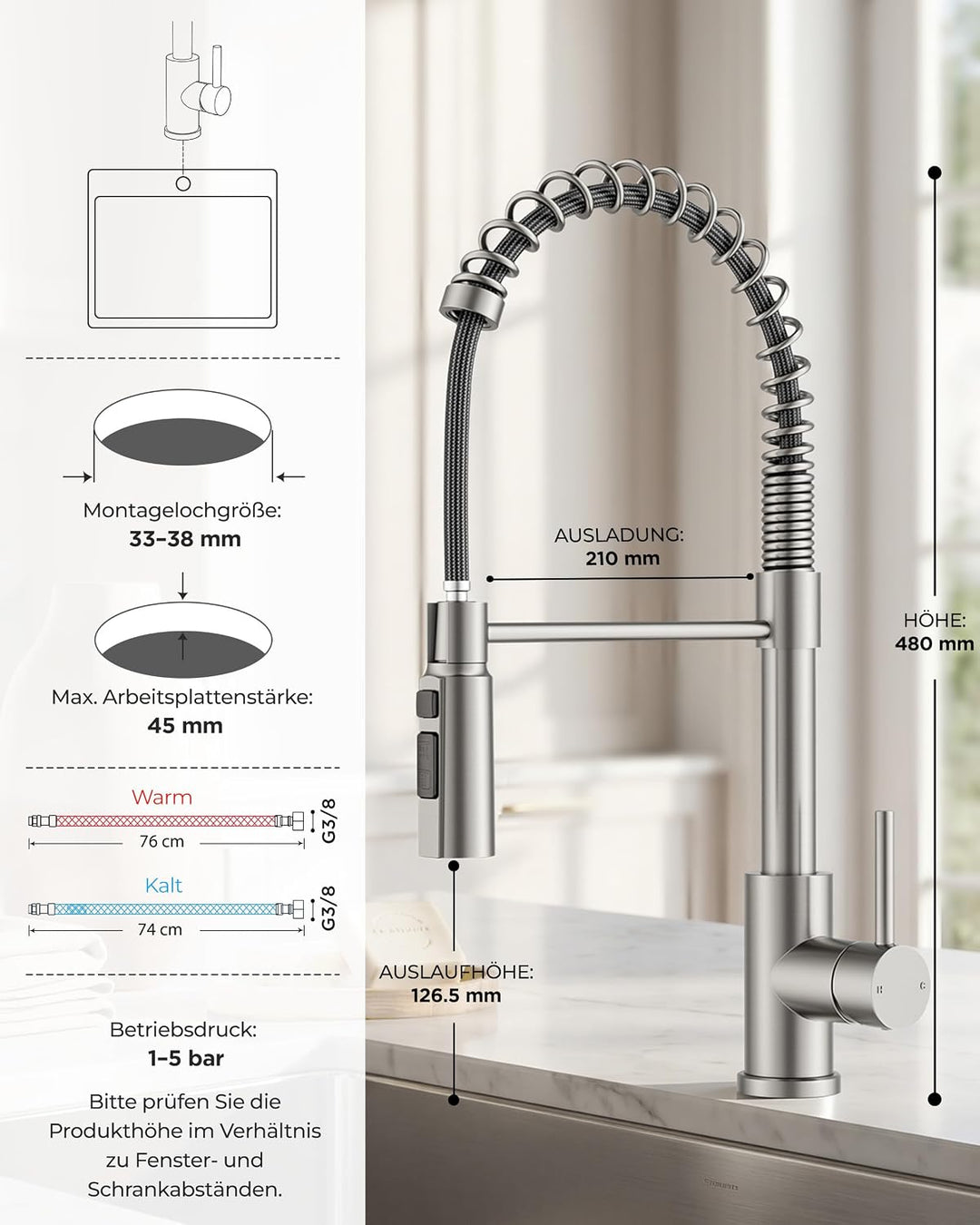 FORIOUS Wasserhahn Küche, Ausziehbare Küchenarmatur, Einhebel-Mischbatterie Küche mit 3 Strahlfunkti