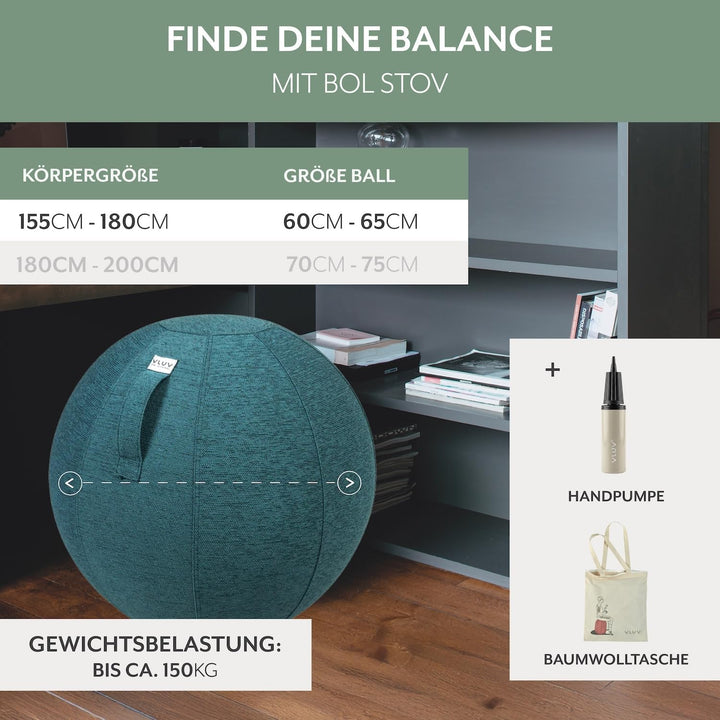VLUV® BOL STOV Sitzball Büro Ergonomisch [Atmungsaktiv mit Tragegriff und Wegrollschutz] Waschbarer
