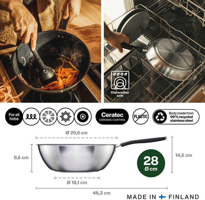 Fiskars Wok, Ø 28 cm, Beschichtete Pfanne, Für alle Kochfelder geeignet, Recycelter Edelstahl, Funct